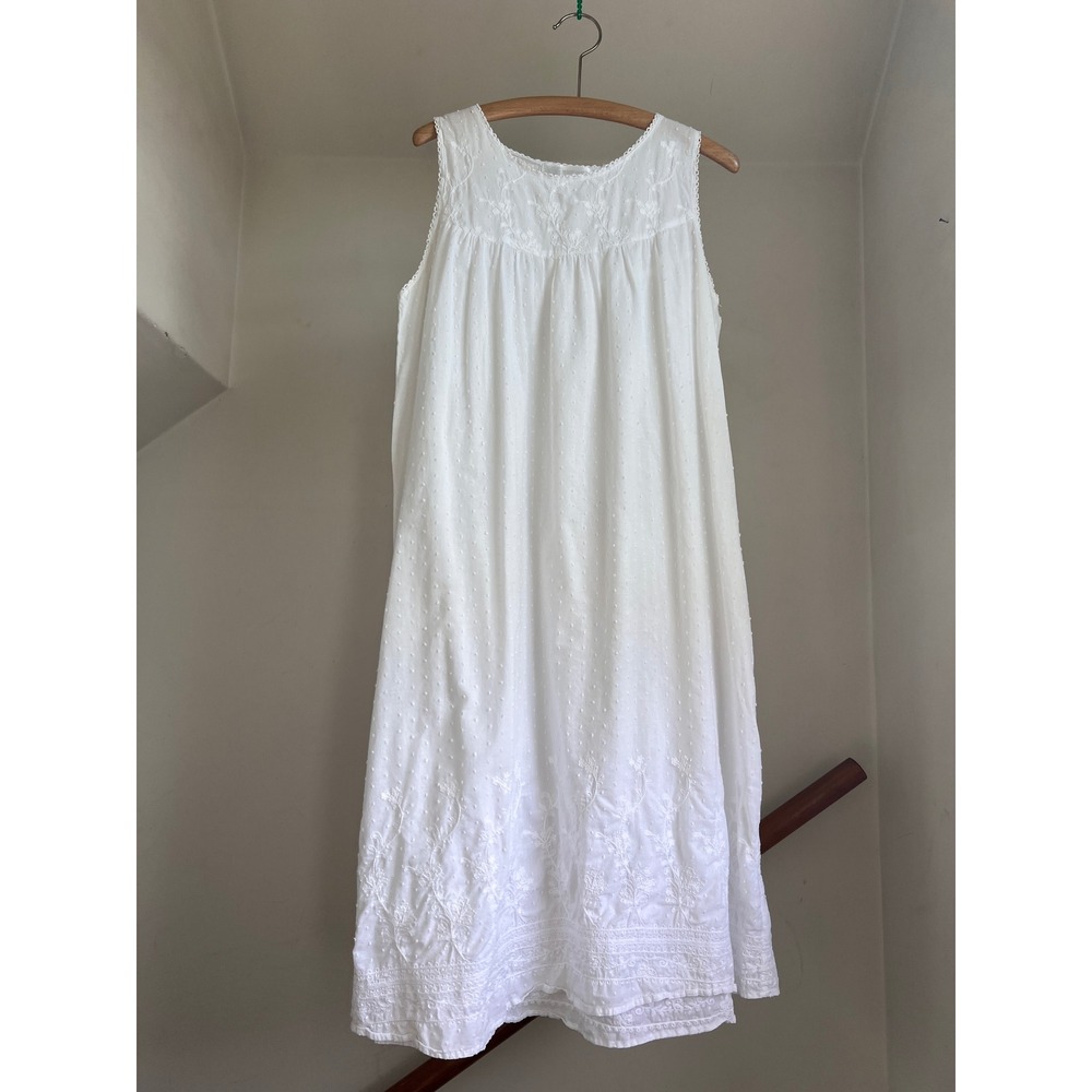Vintage Nightgown Organic Cotton White Floral Embroidered Sleeveless Dress